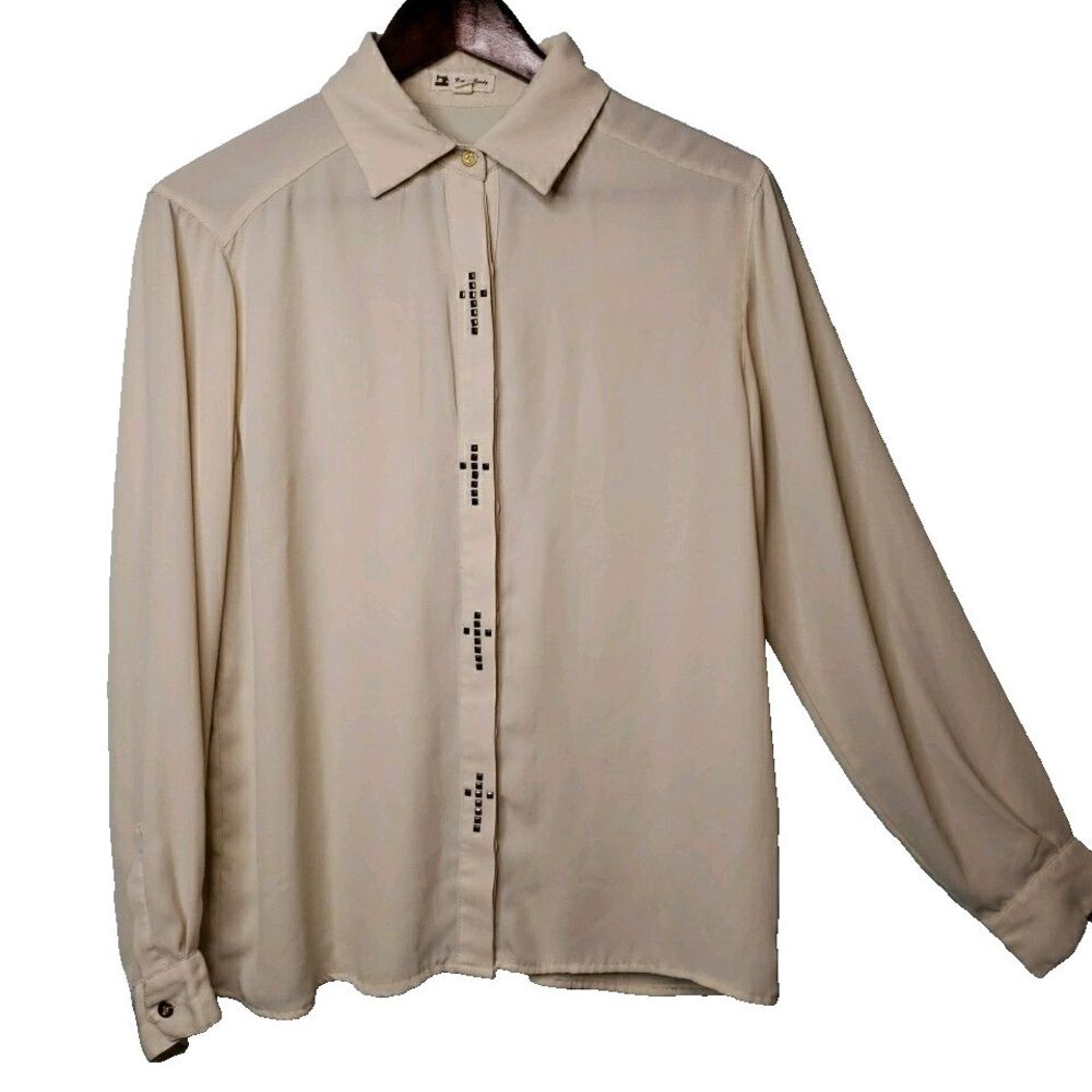 Vtg Cotton Candy Top Womens Sz Medium Ivory Christian Cross Detail Dressy Church